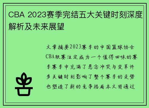 CBA 2023赛季完结五大关键时刻深度解析及未来展望