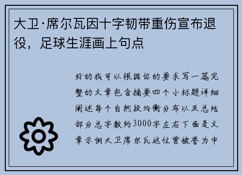 大卫·席尔瓦因十字韧带重伤宣布退役，足球生涯画上句点